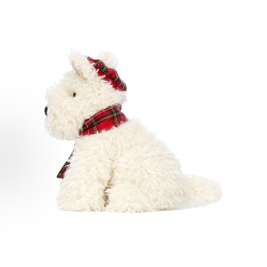 Monroe West Highland Terrier Plush Toy, White Scottie Dog Stuffed Animal with Red Tartan Beret & Scarf, Cute Soft Puppy Doll Christmas Holiday Gift for Kids