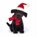 Christmas Black Labrador Plush Toy, Cute Sitting Black Lab Stuffed Puppy with Santa Hat & Red Bow, Soft Dog Doll Holiday Gift for Kids