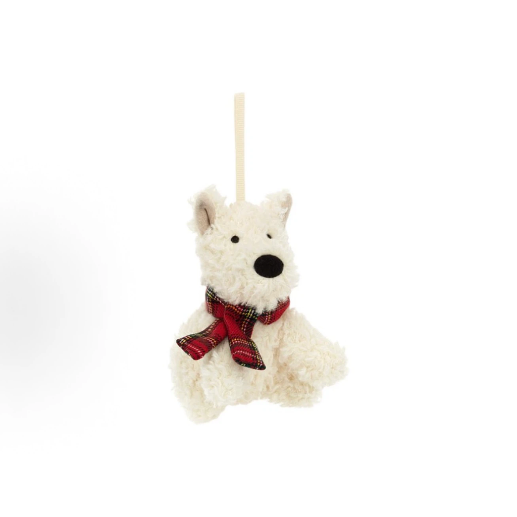 West Highland Terrier Christmas Ornament Plush, Mini Scottie Dog Hanging Decoration with Red Tartan Scarf, Festive Xmas Tree Ornament Gift