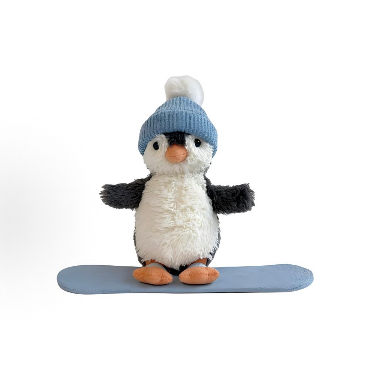 Cute Snowboard Penguin Plush Toy, Winter Penguin Stuffed Animal with Blue Pom Pom Beanie, Christmas Stocking Stuffer Gift