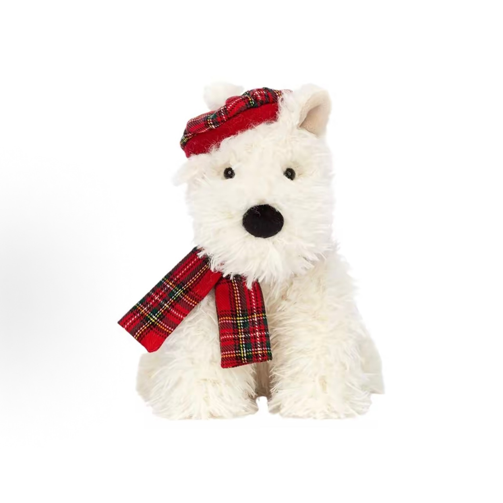 Monroe West Highland Terrier Plush Toy, White Scottie Dog Stuffed Animal with Red Tartan Beret & Scarf, Cute Soft Puppy Doll Christmas Holiday Gift for Kids